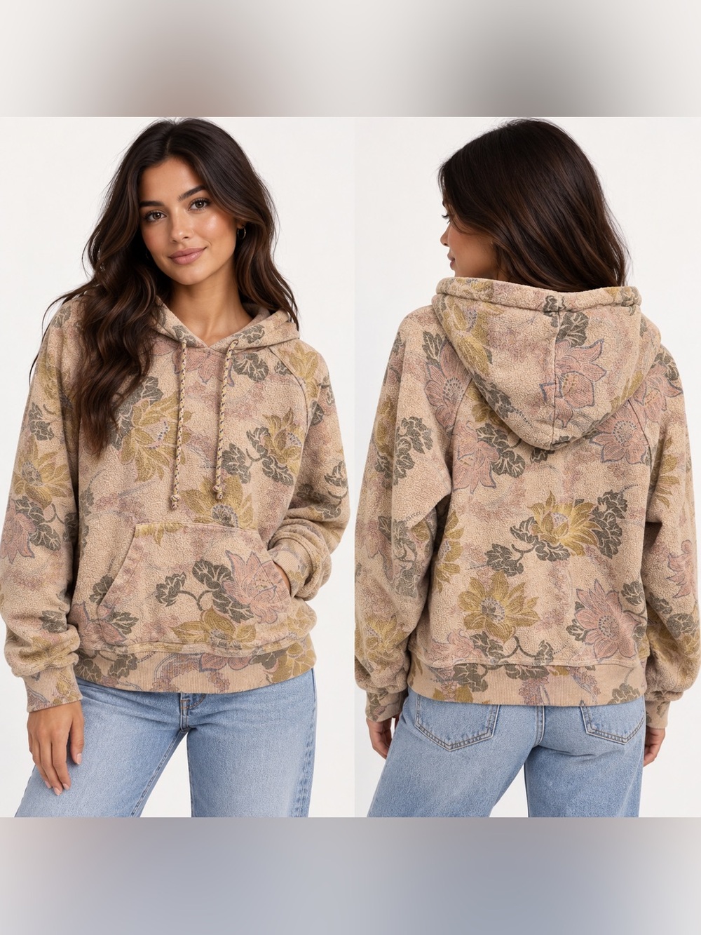 Faherty Floral Plush Hoodie Sweater in Beige - Women's Cozy Pullover Medium